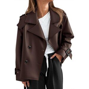 🆕Womens  Dark Brown Faux Leather Jacket | Button Down Moto Coat | Trendy Fall